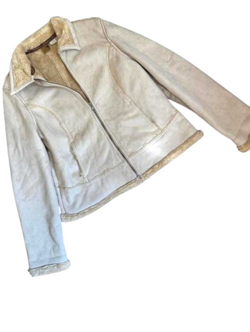 TSUNAMI Light Tan Faux Suede & Faux Fur Lined Jacket Full L Front Zip Pockets SM
